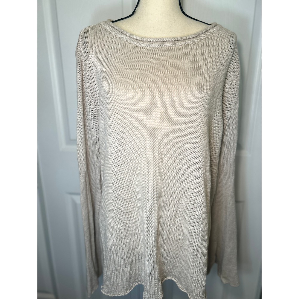 MM LaFleur Linen Knit Sweater Relaxed XL Beige Boat Neck Raw Hem Resortwear
